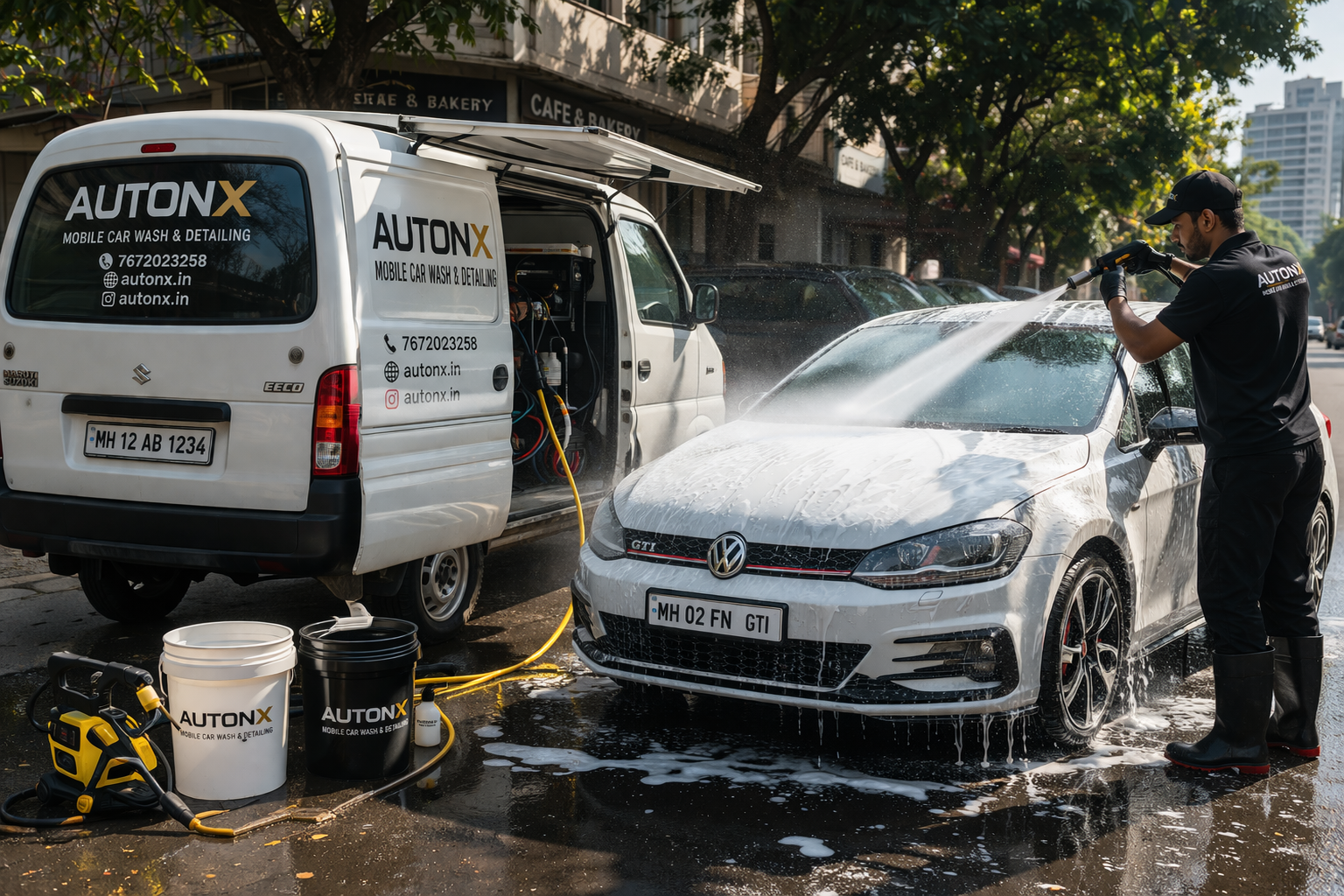 Autonx team performing professional car wash and detailing on a Volkswagen Golf GTI